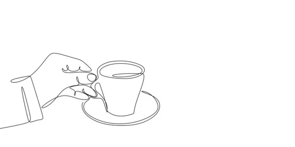 Kontinuerlig linje ritning av handen som håller en kopp kaffe. — Stock vektor