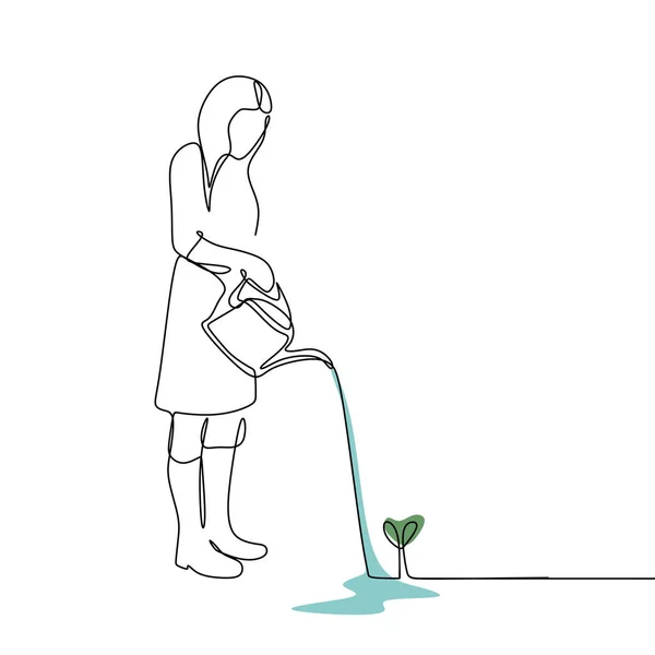 Непрерывный рисунок линии женщины, поливающей растение . — стоковый вектор