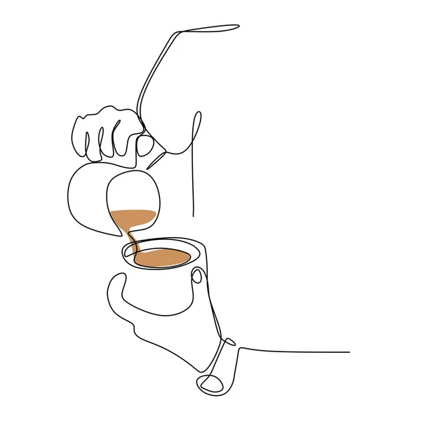 Continuous line drawings pour a cup of coffee. — Stock Vector