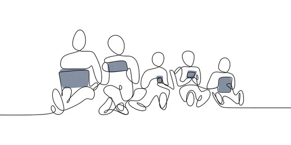 Uma linha de desenho de pessoas usando smartphone, laptop e tablet conceito moderno futurista milenar —  Vetores de Stock