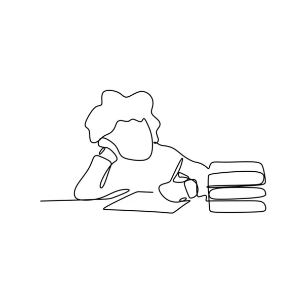 Kontinuierliche Linienzeichnung eines schreibenden Kindes mit einem Buch neben ihm. — Stockvektor