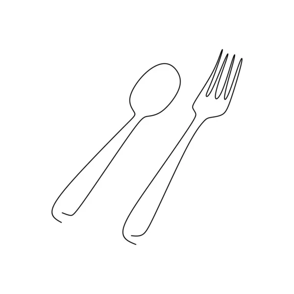 Dibujo de una línea de tenedor y cuchara con una línea muy simple . — Vector de stock