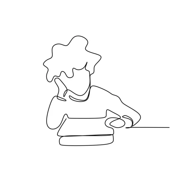 Dibujo de línea continua de un niño leyendo un libro . — Vector de stock