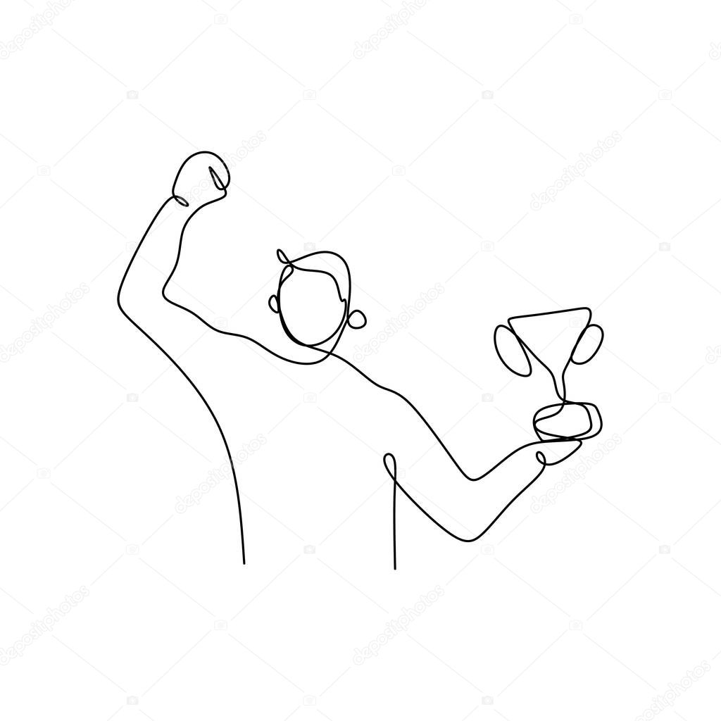 a continuous line drawing of a man holding a winning cup.