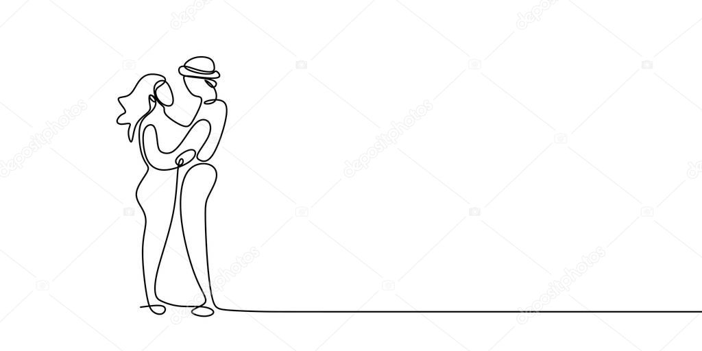 one line drawing of young couple hugging very romantic.