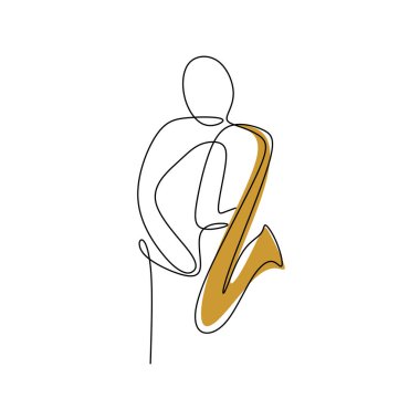 Trompet müzik enstrümanları oynayan caz müzisyenlerinin sürekli çizgi çizimi.