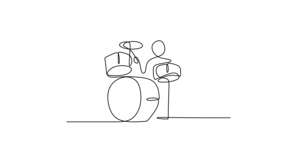 Gambar Baris Kontinu Dari Laki Laki Memainkan Instrumen Drum Musik - Stok Vektor