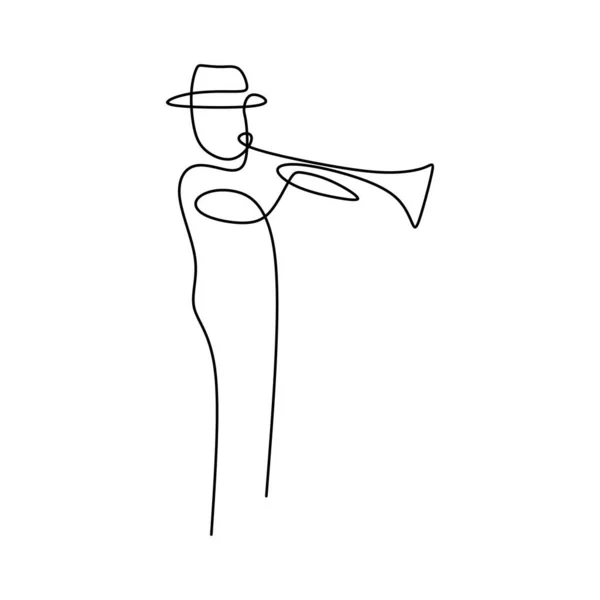 ミニマルでシンプルなデザインでトランペットを演奏する連続した線画 — ストックベクタ