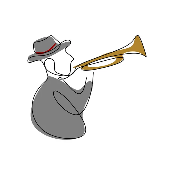 Dibujo Línea Continua Músicos Jazz Tocando Instrumentos Música Trompeta — Vector de stock