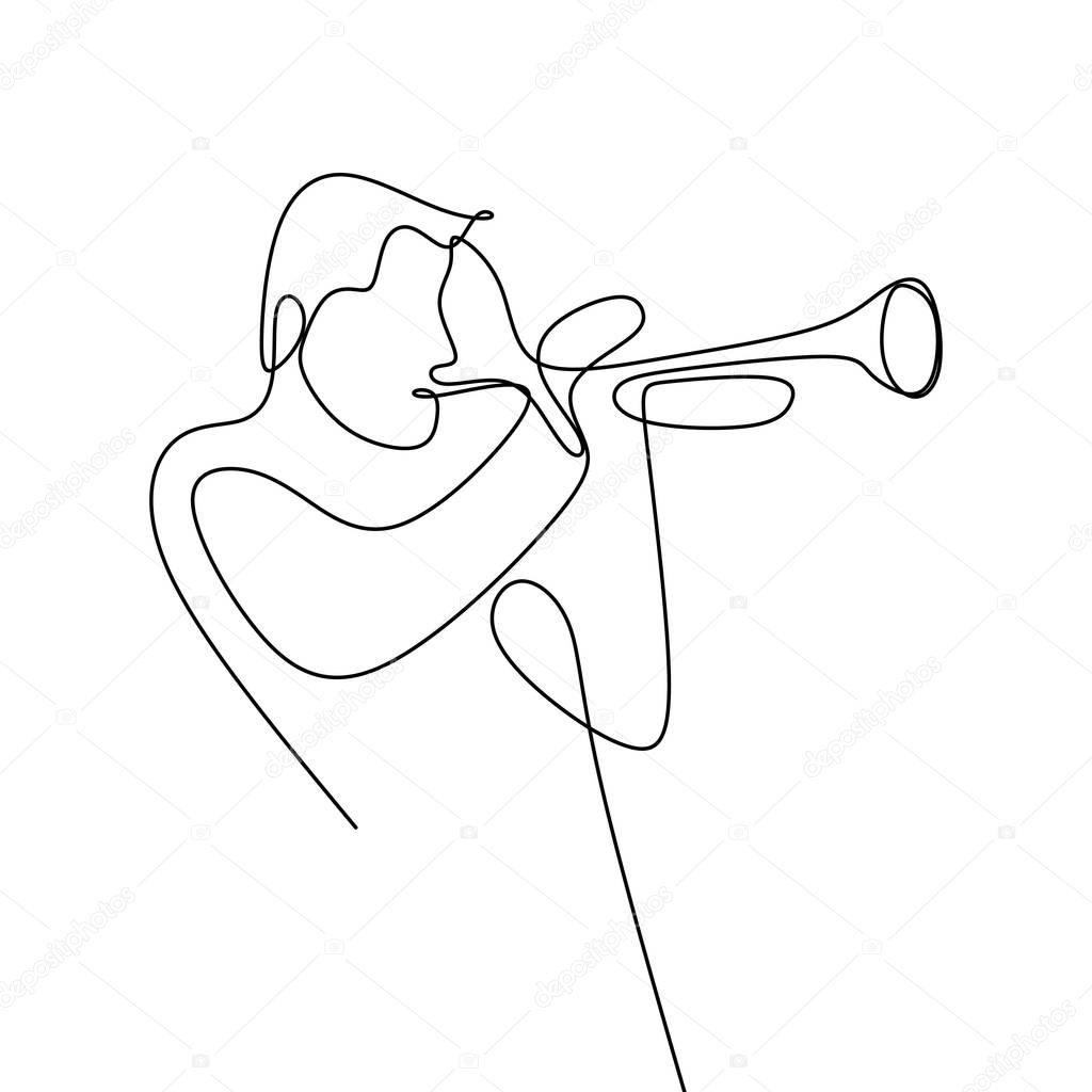 Continuous line drawing of jazz musicians playing trumpet music instruments.