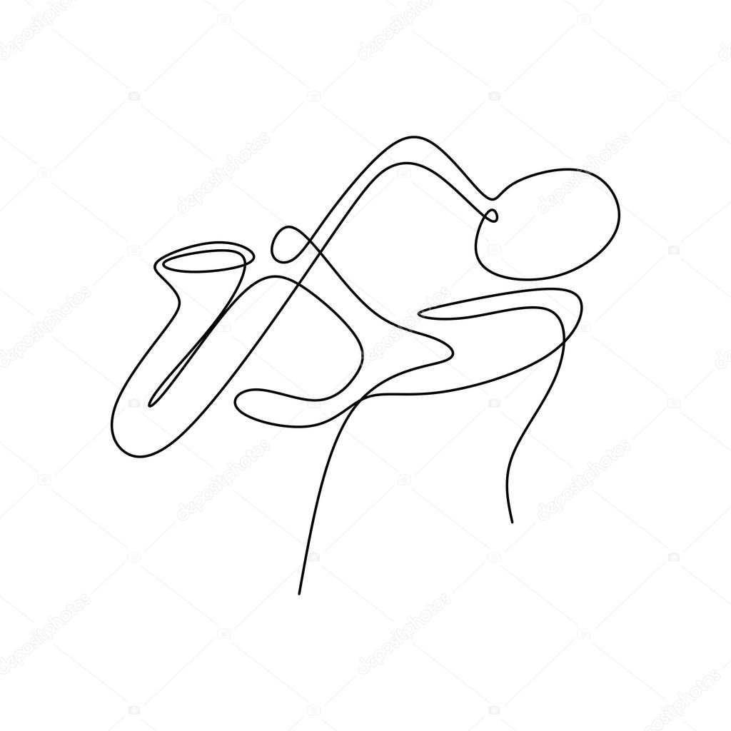 continuous line drawing of jazz musicians playing trumpet music instruments.