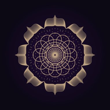 Mandala antik geometri kutsal sembolü. Ultra viyole arka plan üzerinde manevi geometrik şekil.