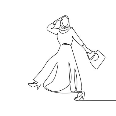 Moda hijab kadın sürekli çizgi minimalist tasarım çizim. Beyaz arka planda atkı takan bir kız.