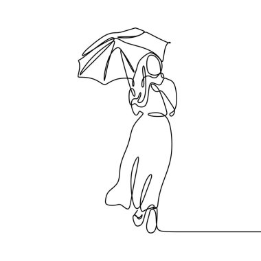 Şemsiye harika ve oldukça sürekli çizgi minimalist tasarım çizim ile Kız. Hijab kadın zarif tasarım.