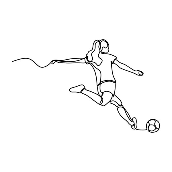 One Line Drawing Women Soccer Player Continuous Style — Stock Vector