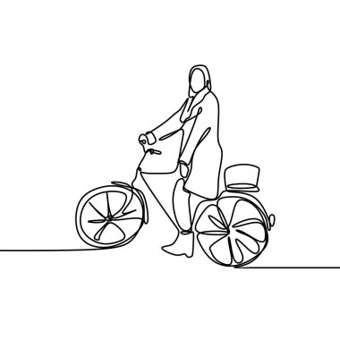 Hijab moda bisiklet minimal tasarım sürme giyen kız veya kadınların sürekli bir çizgi çizim