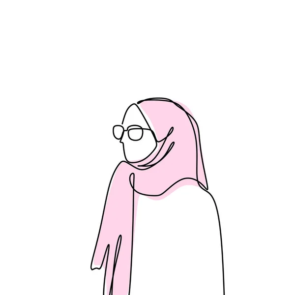 Gadis Hijab satu garis menggambar tangan minimalis menggambar gaya kontinu - Stok Vektor