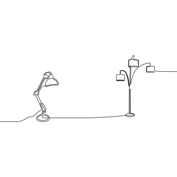 テーブルランプとトリプルランプ ホーム家具ミニマリストデザインベクトルイラスト用ランプの1線画 — ストックベクタ