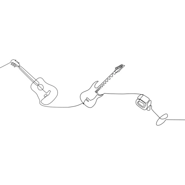 Guitarra eléctrica acústica micrófono pequeño una línea instrumentos musicales tradicionales. Conjunto de contorno vectorial para cartelera musical — Archivo Imágenes Vectoriales