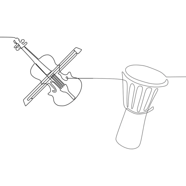 Cello und afrikanische Percussion eine schwarze Linie auf weißem Hintergrund. Einzeiliges Zeichnen. durchgehende Linie. Vektor — Stockvektor