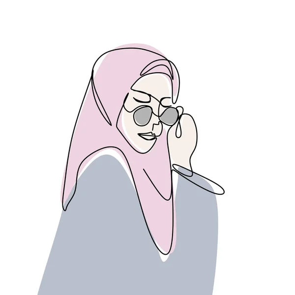 Fille moderne portant hijab mode une ligne continue dessin design minimaliste — Image vectorielle