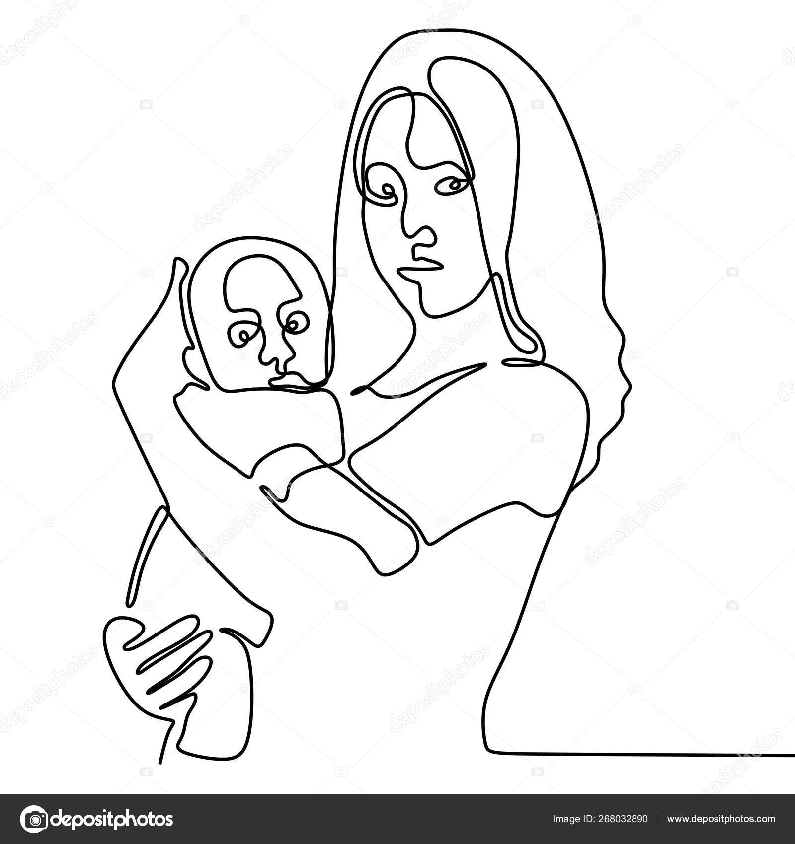 母亲和婴儿在白色背景中隔离的连续线条绘制极简主义设计 图库矢量图像 C Ngupakarti 268032890