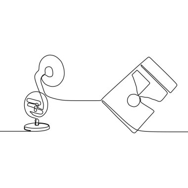 Beyaz arka plan üzerinde trombon ve kare gitar tek siyah çizgi. Tek satırlık çizim. Sürekli çizgi. Vektör