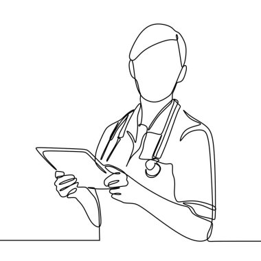 Hemşire sürekli çizgi çizim tıbbi doktor bir el beyaz arka plan minimal tasarım izole çizilmiş
