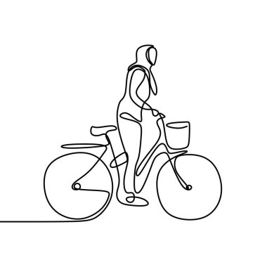 Hijab women one line drawing riding bicycle minimalist design