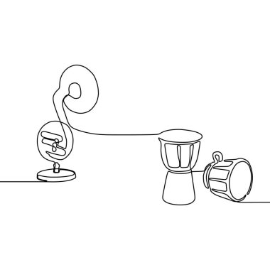 Beyaz arka planda trombon afrika perküsyon tek siyah çizgi. Tek satırlık çizim. Sürekli çizgi. Vektör