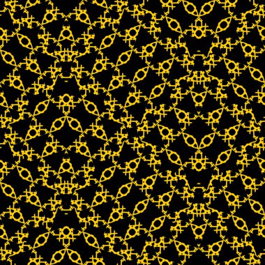 Sarı siyah Art Deco renkli doku. Eşkenar dörtgenli geometrik arkaplan, noktalar ve düğümler. Vektör kusursuz desen. Soyut geometrik desen. Kusursuz geometrik desen