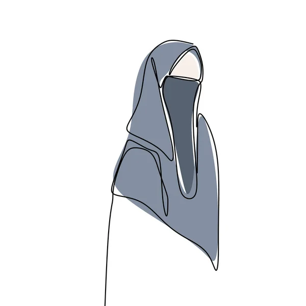 Gadis Hijab mengenakan burqa satu baris menggambar desain minimalis orang-orang budaya Islam - Stok Vektor