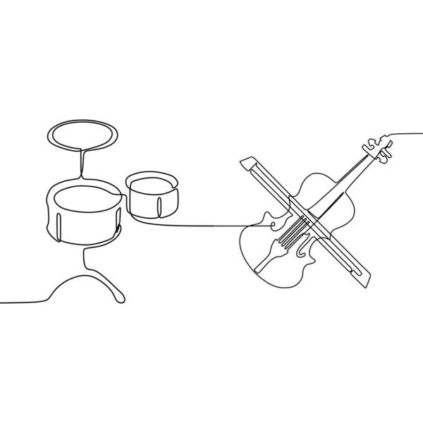Cello och liten trumma en linje kontinuerlig linje traditionella musikinstrument Vector Contour set för musik Billboard Vector — Stock vektor