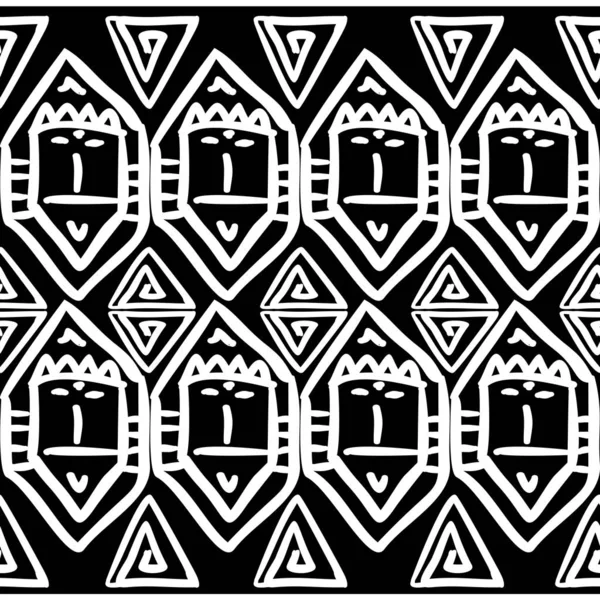 Padrão tribal vetorial com símbolo de rosto africano de ornamento desenhado à mão preto e branco. Bom para o seu envoltório de moda têxtil e impressão . — Vetor de Stock