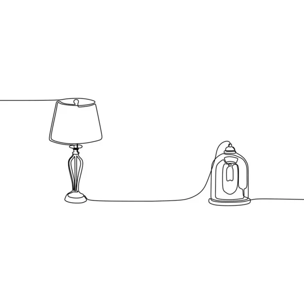 Moderna lámpara de vela de una línea y lámparas de mesa con pantallas. Ilustración vectorial. Conjunto de objetos contorneados negros aislados sobre fondo blanco — Archivo Imágenes Vectoriales