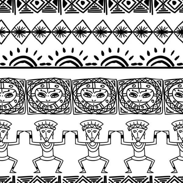 Aztec tribal pattern vector with hand drawn ethnic in black and white colors. Seamless historical mexican maya culture drawing popular this year for fashion textile print and wrapping. — Stock Vector