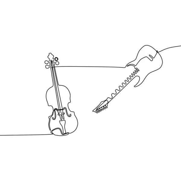 Violín y guitarra eléctrica Diseño de instrumentos musicales de una línea. Minimalismo dibujado a mano estilo vector ilustración — Archivo Imágenes Vectoriales