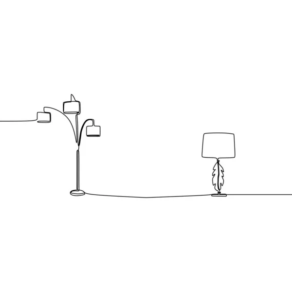Три лампы одна сплошная линия иллюстрации лампы набор, потолок, стол, стол и пол лампы вектор — стоковый вектор