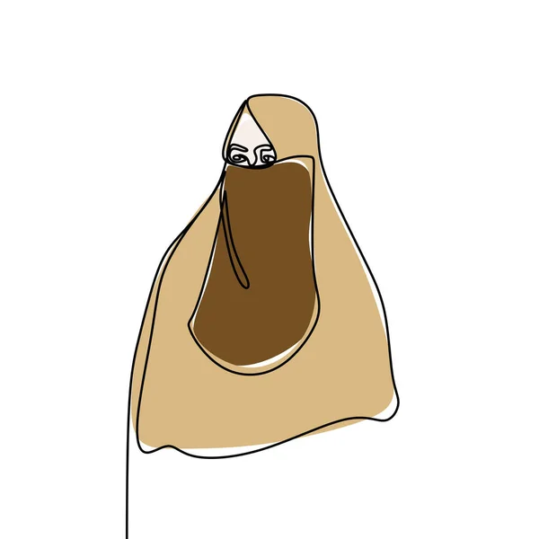 Hijab menina vestindo burqa uma linha desenho design minimalista pessoas cultura islâmica —  Vetores de Stock