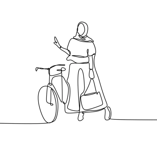 Dessin continu d'une ligne de fille ou de femmes portant hijab mode équitation vélo design minimal — Image vectorielle