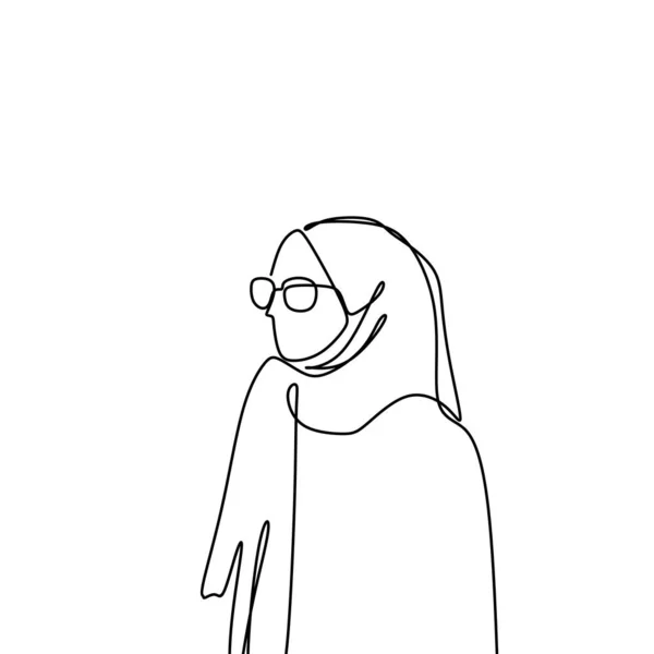 Kvinnor bär hijab halsduk kontinuerlig en linje ritning muslim figur illustration — Stock vektor