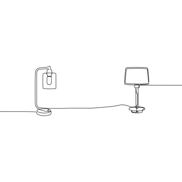 Állandó gyertyatartó és modern lámpa folyamatos vonalas lámpák meg. Készlet-ból egyszerű lineáris Doodle asztal és emelet lámpák — Stock Vector