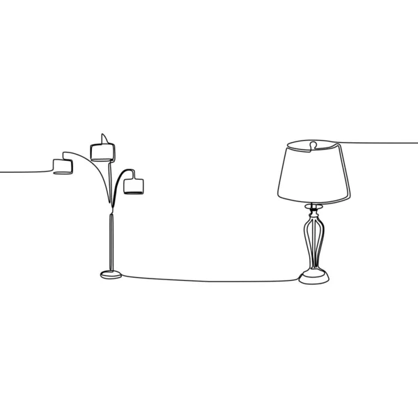Милые трехместные лампы и одна лампа непрерывной линии иллюстрация набор ламп, потолок, стол, стол, и напольные лампы вектор — стоковый вектор