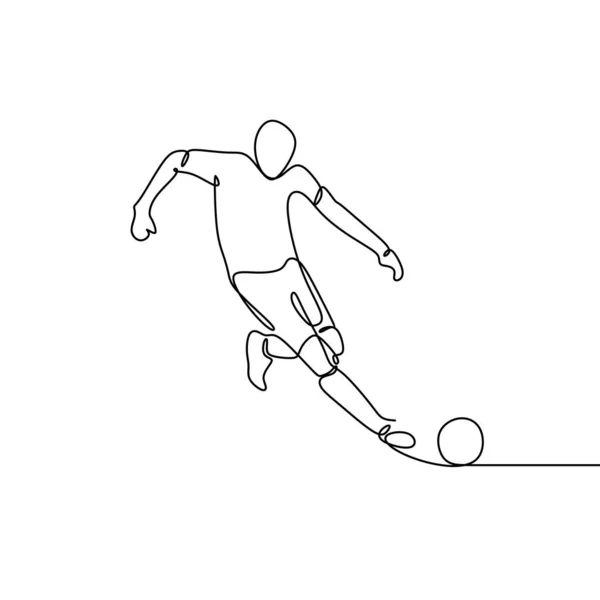 Dibujo continuo de línea de balón de fútbol jugador disparar — Vector de stock