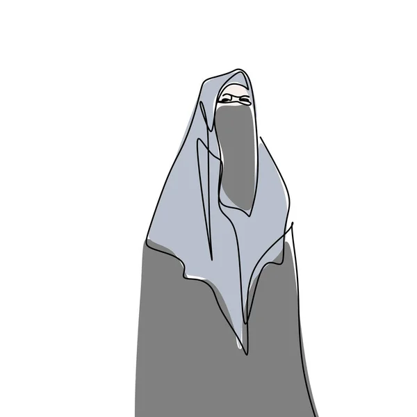 Gadis Hijab mengenakan burqa satu baris menggambar desain minimalis orang-orang budaya Islam - Stok Vektor