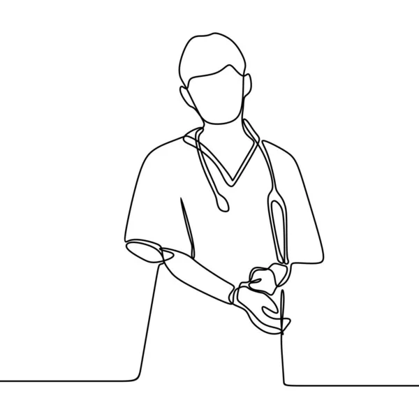 Enfermeira linha contínua desenho médico médico uma mão desenhada isolado em fundo branco design mínimo — Vetor de Stock