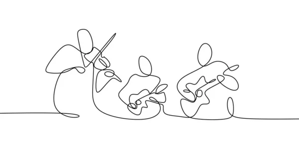 Musica classica jazz players continue one line drawing group of people playing instruments — Vettoriale Stock