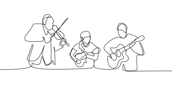 Classical music jazz players continuous one line drawing group of people playing instruments — Stock Vector