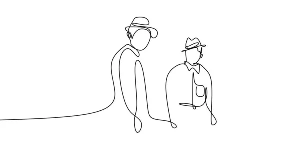 两个人戴着老式欧洲帽子连续一条线画 — 图库矢量图片