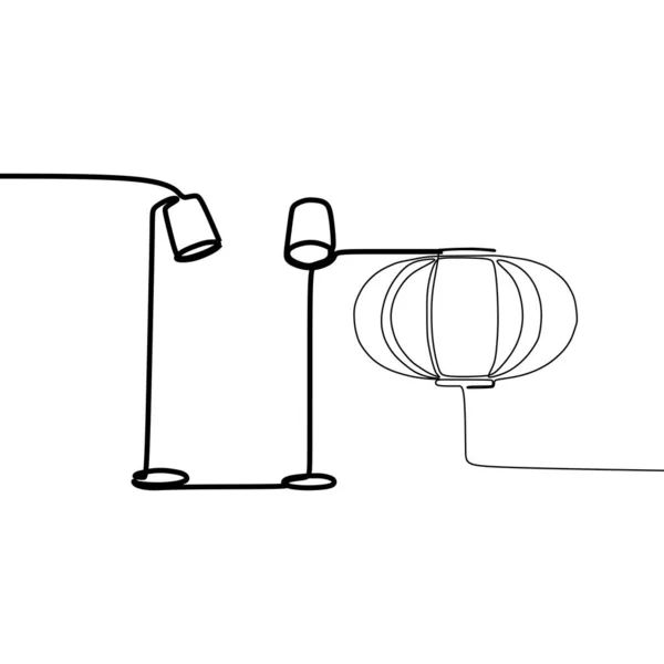 Lâmpada de pé e lâmpada de abóbora uma linha de lâmpadas de mesa com abajures. Ilustração vetorial. Conjunto de objetos isolados de contorno preto sobre fundo branco — Vetor de Stock